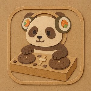 Panda con auriculares de sushi en la mesa de mezclas de DJ. Divertida pegatina de dibujos animados, resistente a la intemperie, regalo para amantes de la música, los pandas y el sushi.