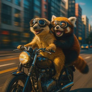 Pegatina divertida de animal: suricata y panda rojo en motocicleta con gafas para coche, portátil, pared y decoración de motociclistas.