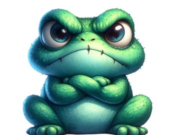May include: A cartoon illustration of a grumpy green frog with large blue eyes and crossed arms. The frog has a textured skin and a frown, conveying an angry expression. The frog is sitting down.