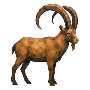 May include: A geometric illustration of a brown ibex with large, curved horns. The artwork uses a low-poly style, creating a faceted appearance. The ibex stands on a white background, showcasing its detailed design.