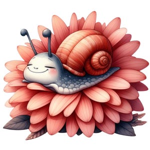 May include: A whimsical illustration of a smiling snail with a red-orange shell, resting on a large, pink flower. The snail has a light blue body and two antennae. The flower has multiple petals and dark green leaves.