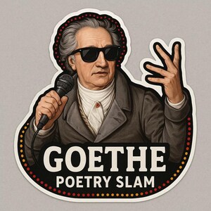 Pegatina de Goethe con gafas de sol y micrófono de golpe El clásico como poeta moderno Pegatina de cómic de literatura divertida para amantes de los libros