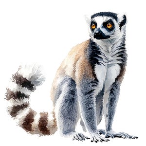 May include: Watercolor illustration of a ring-tailed lemur. The lemur is depicted in a seated position with a long, striped tail. The animal has a white face with large orange eyes, and a black and white striped tail.
