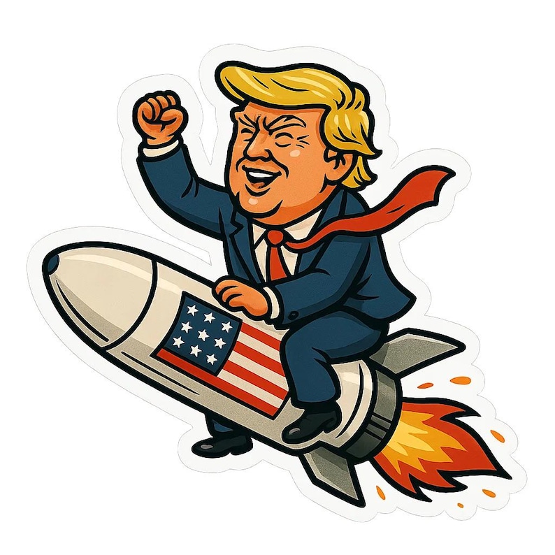 Pegatina de Trump en un cohete: Motivo satírico sobre la política estadounidense. Pegatina para portátil, humor de protesta, diseño de caricatura. imagen 1