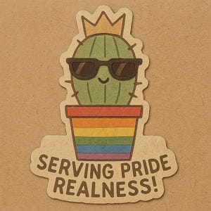 Cactus in un vaso arcobaleno, con una corona e occhiali da sole: lo slogan "Al servizio dell'orgoglio e della realtà!" – Adesivo resistente alle intemperie – Regalo LGBTQ