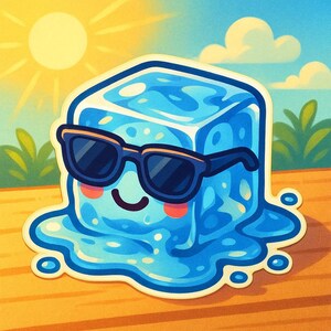 Pegatina de cubo de hielo genial | Pegatina divertida con cubito de hielo y gafas de sol | Diseño de dibujos animados de verano | Regalo de nerd kawaii