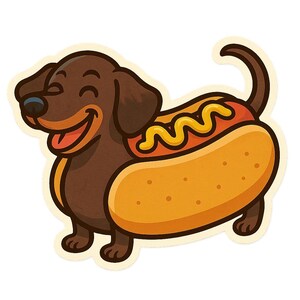 Dackel als Hotdog mit Senf Grinsen – Lustiger Cartoon-Sticker – wetterfest – Geschenk für Hundefans, Foodies & Humorfreunde