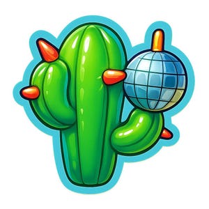 Kaktus mit Disco-Kugel an den Stacheln – Lustiger Cartoon-Sticker – wetterfest – Geschenk für Pflanzen-, Party- & Humor-Fans
