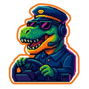 サングラスをかけたバス運転手のT-Rex 3体 - 面白い漫画ステッカー - 耐候性 - 恐竜、乗り物、ユーモアファンへのギフト