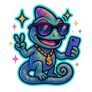 キラキラ輝くインフルエンサーのカメレオン - 面白い漫画ステッカー - 耐候性 - 動物、ファッション、ユーモアファンへのギフト
