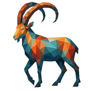 May include: A low-poly illustration of a mountain goat in orange, teal, and navy blue. The goat is rendered with a geometric, polygonal design. It features large, curved horns and is set against a white background. The artwork uses a modern, angular style.