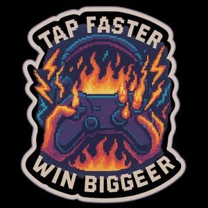 Könnte beinhalten: Pixelgrafik mit einem Videospiel-Controller in Flammen, mit Blitzen und einem Headset. Der Text lautet "TAP FASTER WIN BIGGEER" in weißer, fetter Schrift auf schwarzem Hintergrund.