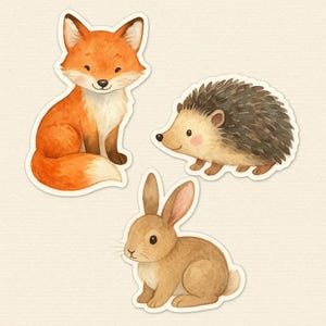 Set di adesivi – Volpe acquerellata, Riccio, Coniglio – Adesivi carini a tema natura per la cameretta dei bambini, Bullet Journal