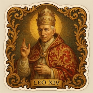 Adesivo di Papa Leone XIV in stile barocco | Santo decorato in oro con tiara e bastone crociato | Motivo artistico classico come adesivo religioso