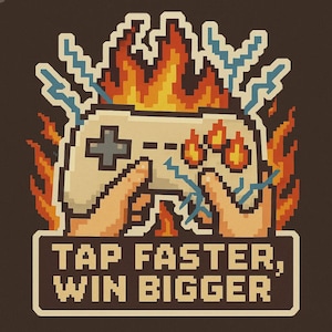 Könnte beinhalten: Pixelgrafik eines Videospiel-Controllers in Flammen und Blitzen. Der Controller wird von pixeligen Händen gehalten. Text auf einem Banner darunter lautet "TAP FASTER, WIN BIGGER". Der Hintergrund ist dunkelbraun.