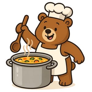 May include: A cartoon illustration of a brown bear wearing a chef's hat and apron, stirring a pot of soup with a wooden spoon. The soup contains visible vegetables. The bear is smiling.