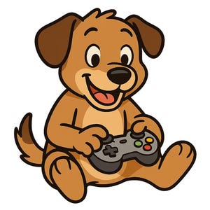 Op de afbeelding: Een cartoon illustratie van een bruine hond die zit en lacht terwijl hij een grijze videogamecontroller vasthoudt. De hond heeft bruine oren, een zwarte neus en een rode tong. De controller heeft groene en rode knoppen.