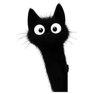 May include: A cartoon illustration of a black cat with large white eyes and a friendly expression. The cat's fur is fluffy, and it is peeking out from behind a white surface, with a small paw visible.