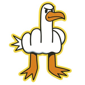 Pegatina de gaviota enojada con divertido motivo de meme con borde amarillo para coche, portátil, caravana o regalo para fans de las gaviotas y nerds del humor.