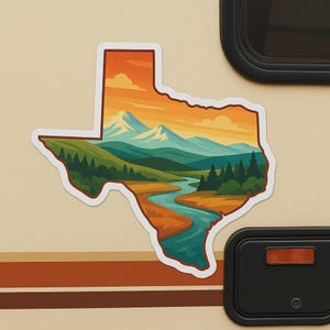 Autocollant de paysage du Texas avec contour de carte géographique autocollant pour ordinateur portable voiture camping-car cadeau pour les fans des États-Unis et les amoureux de la nature
