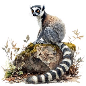 May include: Watercolor illustration of a ring-tailed lemur sitting on a mossy rock. The lemur has a black and white striped tail, gray fur, and a white face with dark eyes. The background is white with some plants.