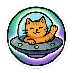 2X UFO-Katze Sticker | Cartoon-Katze winkt aus Untertasse | Sci-Fi Haustier Comic | Alien-Fun Aufkleber für Nerds