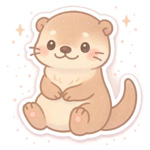 May include: A cartoon otter sticker. The otter is depicted sitting with its paws together, featuring a light brown body, a white chest, and pink cheeks. The background is white with small, light brown dots and star shapes.