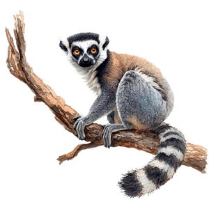 May include: Watercolor illustration of a ring-tailed lemur perched on a brown branch. The lemur has a black and white face, gray body, and a long, striped tail. The artwork is set against a white background.