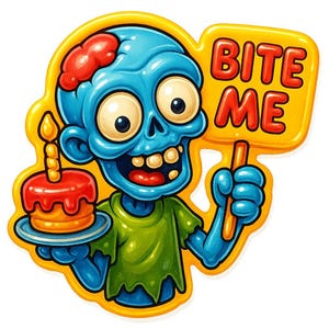 ゾンビ3体とケーキプレートと「Bite Me」サイン – 面白い漫画ステッカー – 耐候性 – ホラーやフードユーモアファンへのギフト