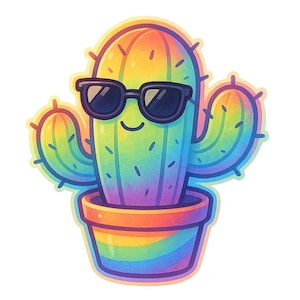 Adesivi kawaii di cactus | Cactus arcobaleno con occhiali da sole in stile Sora | Adesivo divertente con pianta anime
