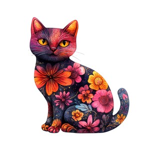 Puede incluir: Ilustración en acuarela de un gato sentado con un diseño floral. El pelaje del gato es azul oscuro, con vibrantes flores naranjas, rosas y amarillas. El gato tiene ojos amarillos y orejas naranjas.