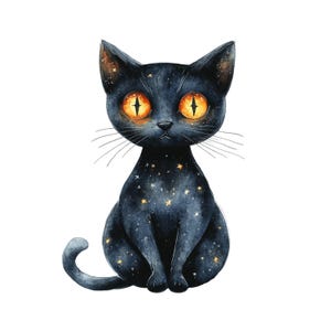 Op de afbeelding: Waterverfillustratie van een zwarte kat met grote, oranje ogen. De vacht van de kat is donkerblauw, bespikkeld met gouden sterren. De kat zit rechtop met zijn staart gekruld en heeft lange, witte snorharen.