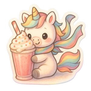 Adesivo Unicorno Milkshake | Adesivo carino con sciarpa arcobaleno e shake | Disegno unicorno kawaii | Regalo per i sognatori