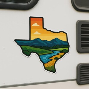 Autocollant de paysage du Texas avec contour de carte géographique autocollant pour ordinateur portable voiture camping-car cadeau pour les fans des États-Unis et les amoureux de la nature