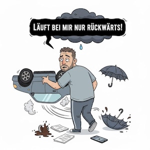 Könnte beinhalten: Cartoon-Illustration eines Mannes, der neben einem umgestürzten Auto betrübt aussieht. Eine Sprechblase über dem Mann lautet: "LÄUFT BEI MIR NUR RÜCKWÄRTS!" Ein offener Regenschirm und verschütteter Kaffee sind ebenfalls zu sehen.
