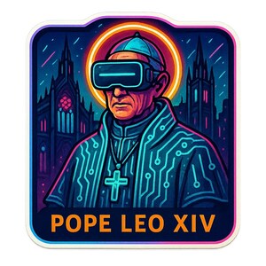 Adesivo cyberpunk di Papa Leone XIV | Alone al neon, occhiali VR e mantello LED | La credenza futuristica come adesivo moderno