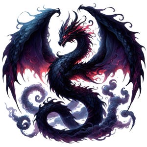 以下が含まれることがあります： 広げられた翼を持つ黒いドラゴンの詳細なイラスト。 ドラゴンは頭と翼に赤いアクセントがあり、紫と灰色の渦巻く煙に囲まれています。 ファンタジーをテーマにした作品です。