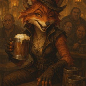Cheeky Fox Sticker Medieval Pub – Cartoon Animal with Beer Mug for Car, Laptop, Wall, Bar, Fantasy Decoration