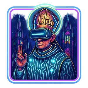Adesivo cyberpunk di Papa Leone XIV | Alone al neon, occhiali VR e mantello LED | La credenza futuristica come adesivo moderno