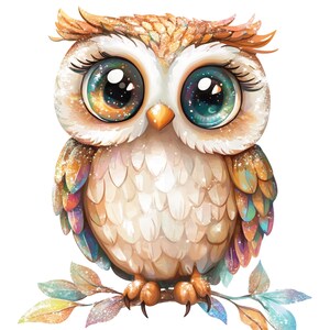 May include: A whimsical illustration of an owl with large, expressive eyes. The owl features a white chest, brown and gold wings, and a crown of feathers. It is perched on a branch with colorful leaves, creating a charming and decorative image.