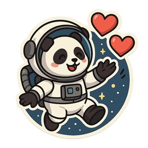 Panda astronauta lanzando globos con forma de corazón. Bonita pegatina de dibujos animados, resistente a la intemperie. Regalo para amantes del espacio, los animales y el amor.