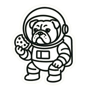 Bulldogge als Astronaut mit Keks – Lustiger Cartoon-Sticker – wetterfest – Geschenk für Space-, Hunde- & Humor-Fans