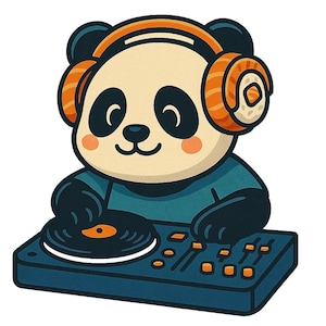 Panda con auriculares de sushi en la mesa de mezclas de DJ. Divertida pegatina de dibujos animados, resistente a la intemperie, regalo para amantes de la música, los pandas y el sushi.