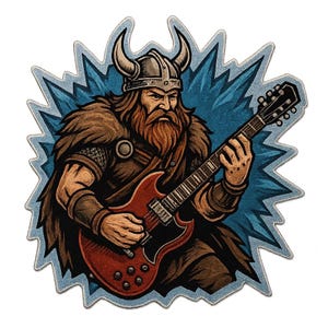 2X Viking stickers with electric guitar instead of axe. Rocking Northman as a comic figure sticker for metalheads, history nerds and myth fans.