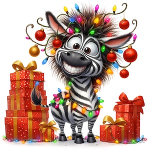 May include: A cartoon zebra adorned with Christmas lights and baubles, smiling widely. Red gift boxes with gold bows are stacked and scattered around the zebra, creating a festive holiday scene.