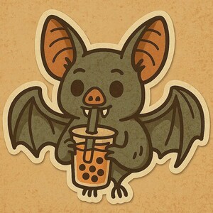 バブルティーを持つ吸血コウモリ - 面白い漫画ステッカー - 耐候性 - ゴシック、動物、ユーモアファンへのギフト