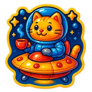 Gato astronauta en una cafetería con platillos – Divertida pegatina de dibujos animados – Resistente a la intemperie – Regalo para amantes del espacio, los gatos y el humor