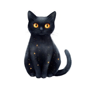 Puede incluir: Ilustración en acuarela de un gato negro con ojos dorados y detalles en forma de estrella. El gato está sentado erguido con la cola enroscada, sobre un fondo blanco. La obra de arte tiene un ambiente caprichoso y mágico.