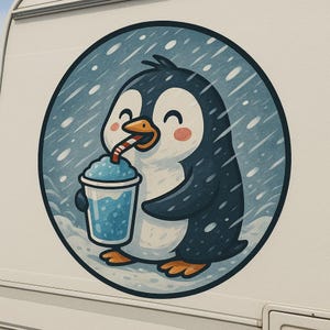 Pinguin Aufkleber Slush im Schneesturm Lustiger Sticker für Wohnwagen Wohnmobil Camper personalisierbar Geschenk für Kältemuffel