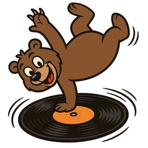Puede incluir: Ilustración de dibujos animados de un oso pardo equilibrándose sobre un disco de vinilo negro. El oso sonríe con la boca abierta, y sus brazos y piernas están en una pose juguetona. El disco tiene un centro amarillo.